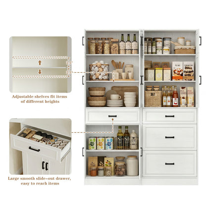 80" Tall Kitchen Pantry Cabinet Sets with Glass Doors, Adjustable Shelves & Drawers - Freestanding Storage Cupboard