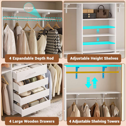 Closet System, 8FT Closet Organizer with 4 Wooden Drawers, Wood Closet Organizer System with Tower, Walk-in Closet Organizer Wardrobe