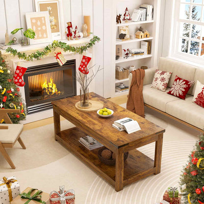43.3” Farmhouse Wood Coffee Table with Storage Shelf, Modern Center Table for Living Room