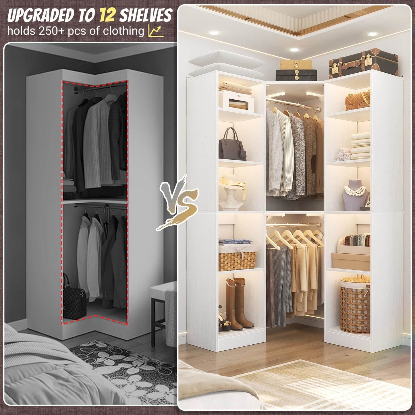 Corner Closet System with 12 Shelves, 40" Large Corner Closet Organizer System with 2 Hanging Rods
