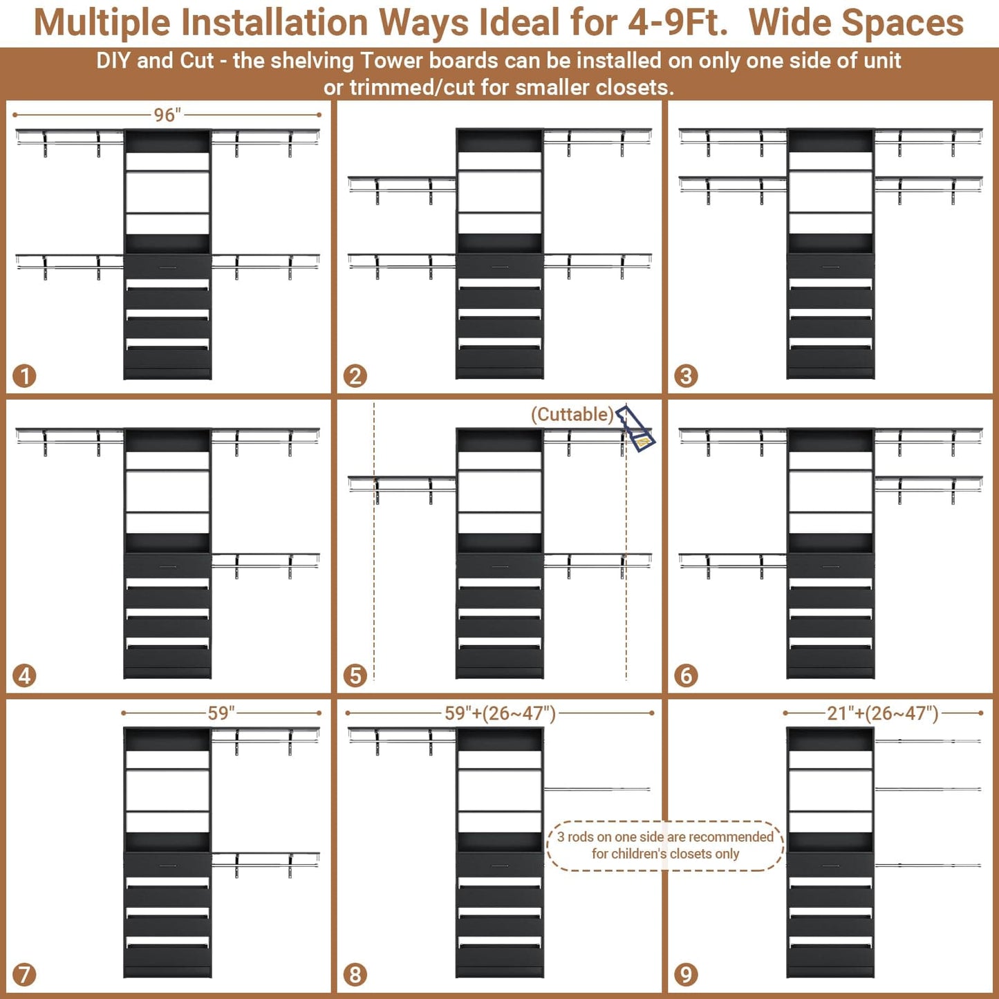 Closet System, 8FT Closet Organizer with 4 Wooden Drawers, Wood Closet Organizer System with Tower, Walk-in Closet Organizer Wardrobe