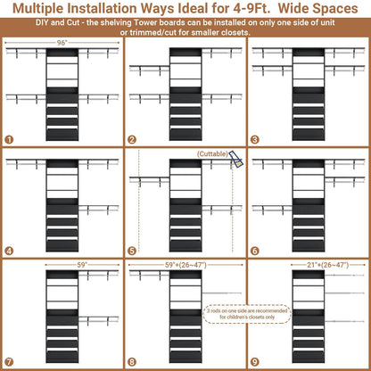 Closet System, 8FT Closet Organizer with 4 Wooden Drawers, Wood Closet Organizer System with Tower, Walk-in Closet Organizer Wardrobe