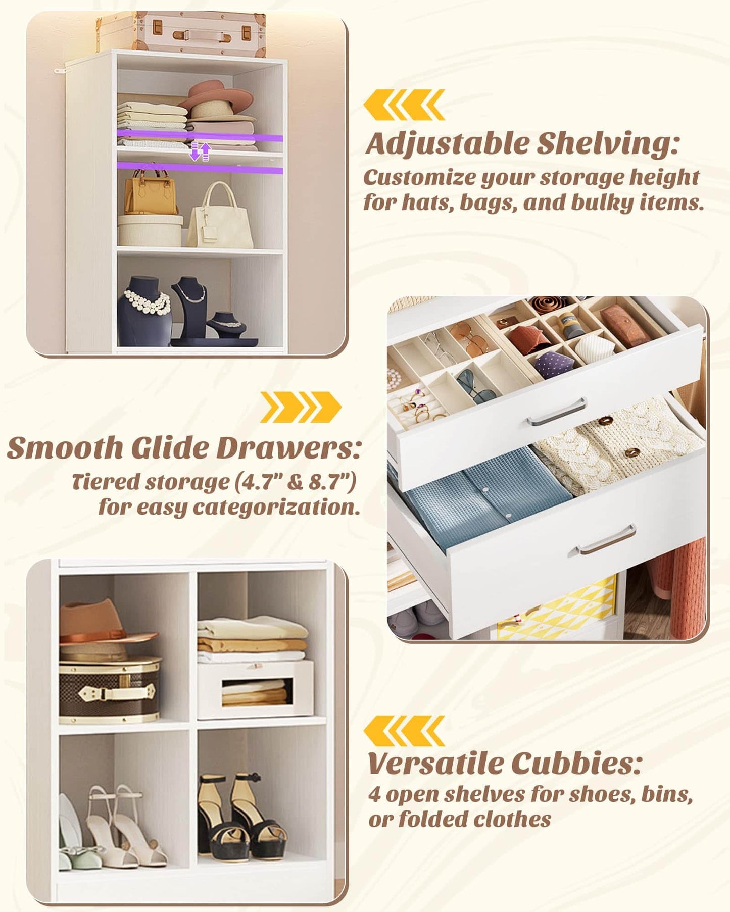 Tall Vertical Closet System, 18.9" Width Freestanding Wardrobe Storage Unit with Adjustable Shelves & Smooth-Glide Drawers
