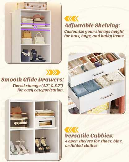 Tall Vertical Closet System, 18.9" Width Freestanding Wardrobe Storage Unit with Adjustable Shelves & Smooth-Glide Drawers