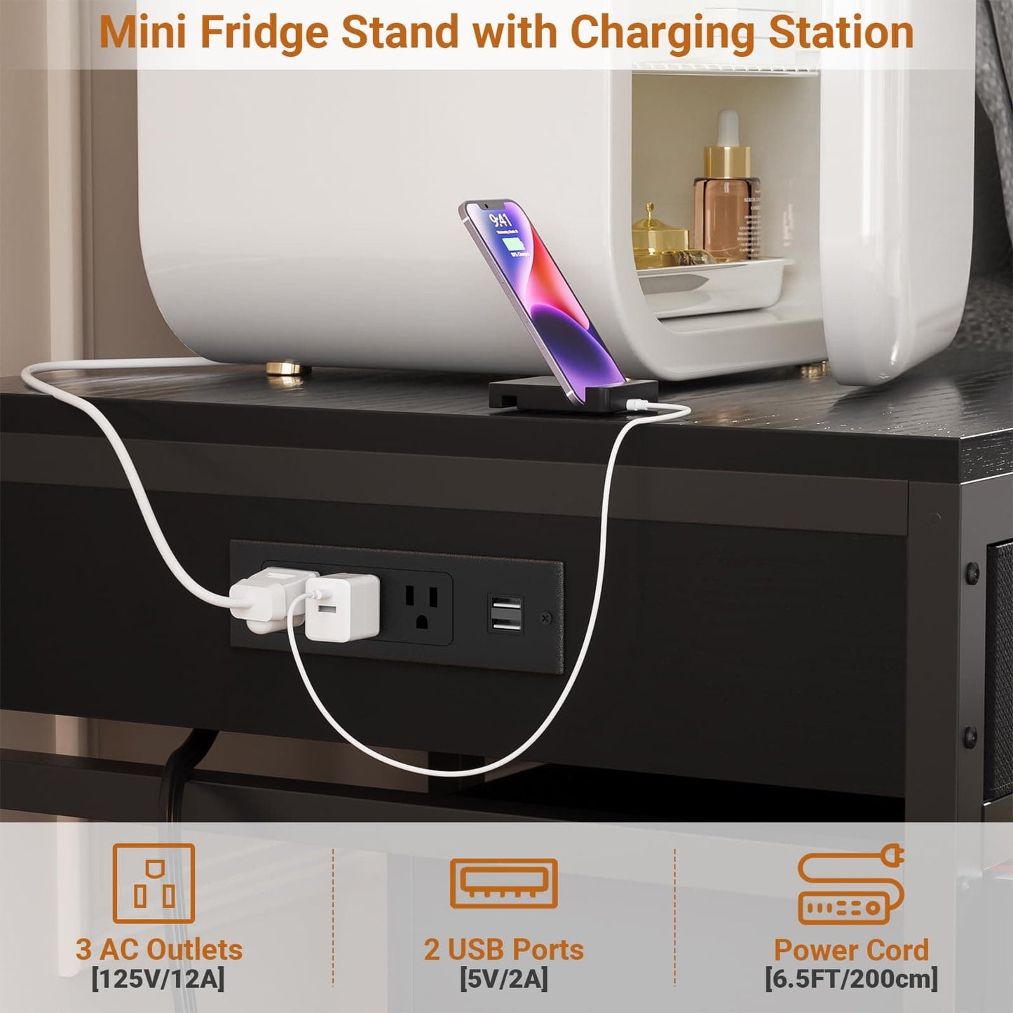 Mini Fridge Stand with Drawer Storage & Sockets, Heavy Duty Mini Refrigerator table with Rolling Cabinet