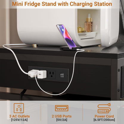Mini Fridge Stand with Drawer Storage & Sockets, Heavy Duty Mini Refrigerator table with Rolling Cabinet