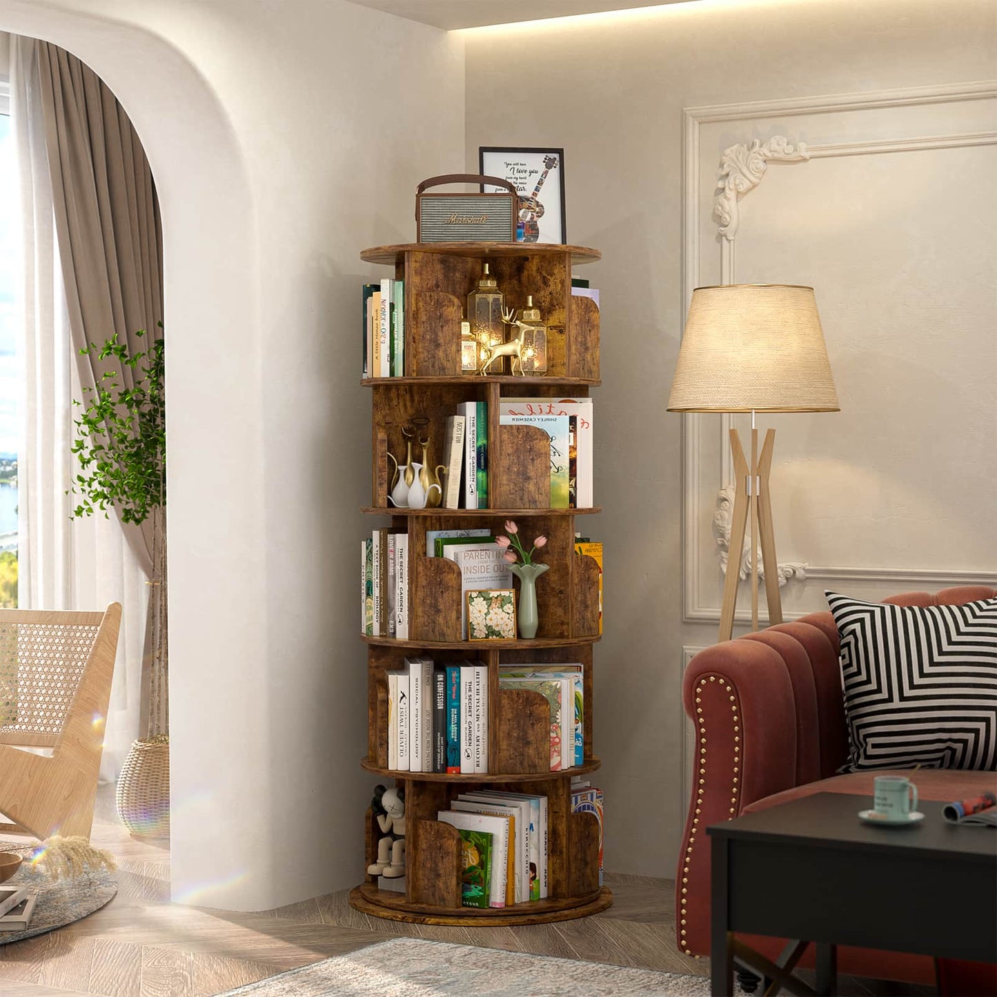 Rotating Bookshelf, 360 Display Wood Spinning Bookshelf Tower