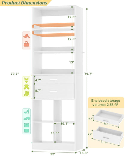 22" Floor-Standing Closet System, Multi-Tiered Wardrobe Storage Unit with Adjustable Shelves & Smooth-Glide Drawers