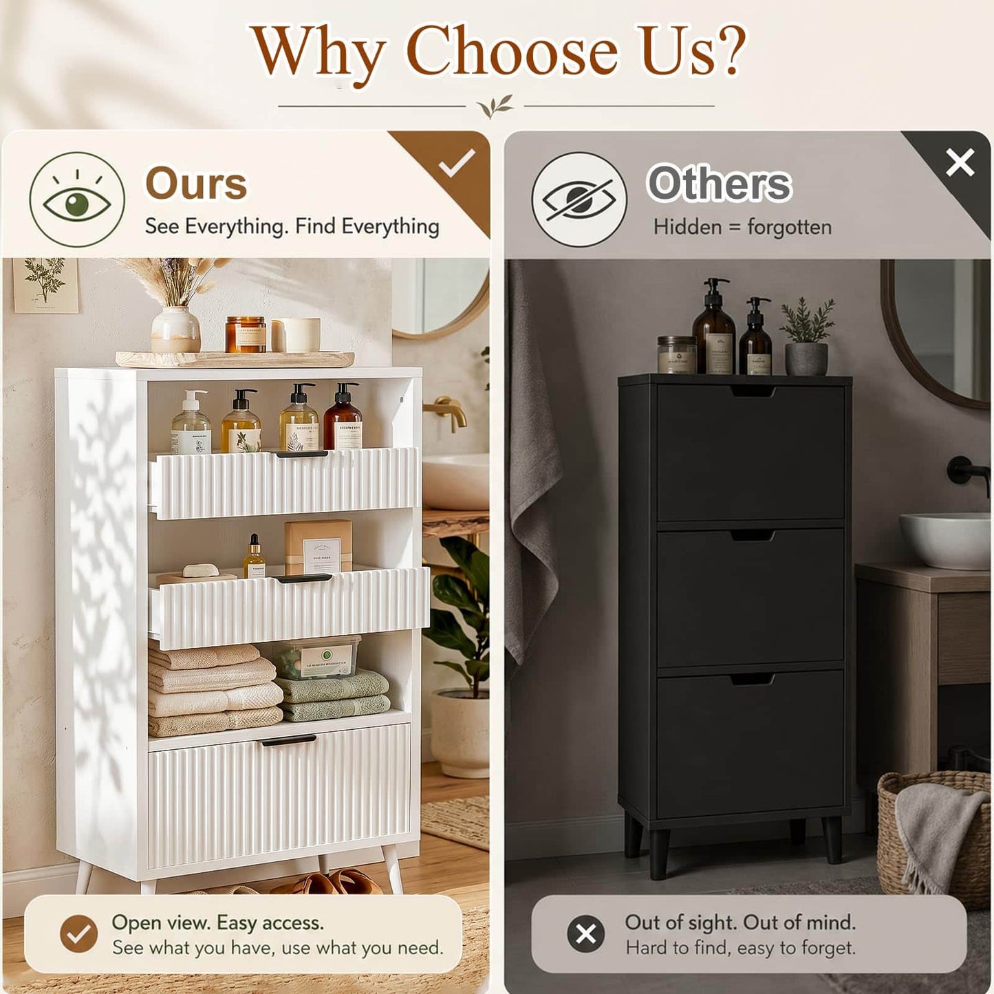 Modern Fluted Storage Cabinet, 51.2" Tall Freestanding Organizer with 3 Drawers & Open Shelf, Versatile Pantry Cabinet for Bathroom, Kitchen, Entryway - Narrow Design for Small Spaces