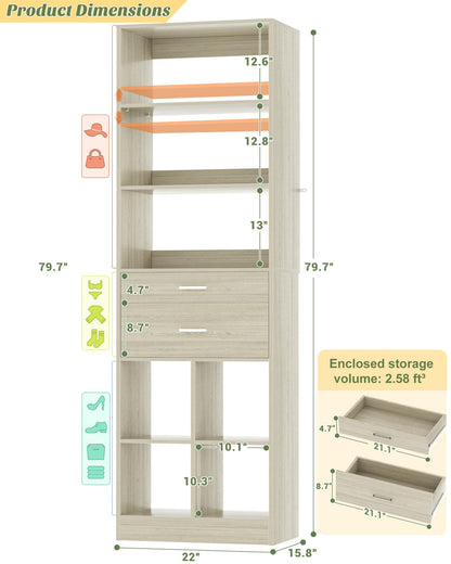 22" Floor-Standing Closet System, Multi-Tiered Wardrobe Storage Unit with Adjustable Shelves & Smooth-Glide Drawers