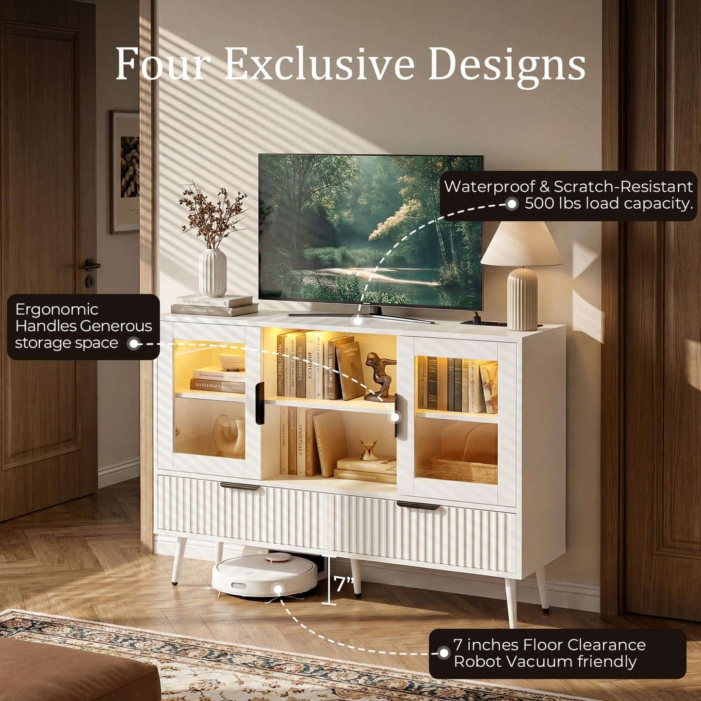 RGB LED TV Stand with Power Outlet, 45" Entertainment Center with 8 Storage Drawers & Cabinets, Vanity Storage Cabinet ,Media Console Fits 30"-55" TVs for Living Room Bedroom