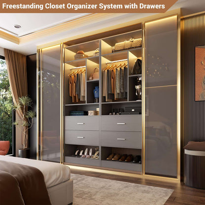 Freestanding 24" Closet System with 2 Wood Drawers, 2FT Small Closet Organizer System with 6 Shelves & Hanging Rod