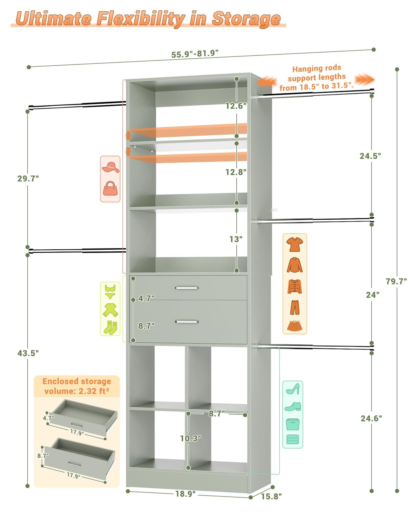 Adjustable Small Closet System, 3.2-6.8FT Expandable Closet Organizer with 2 Wooden Drawers & 5 Heavy-Duty Hanging Rods