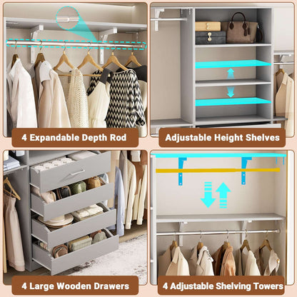 Closet System, 8FT Closet Organizer with 4 Wooden Drawers, Wood Closet Organizer System with Tower, Walk-in Closet Organizer Wardrobe
