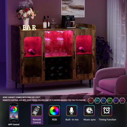Assembled Wine Bar Cabinet with Power Outlet and LED Lights