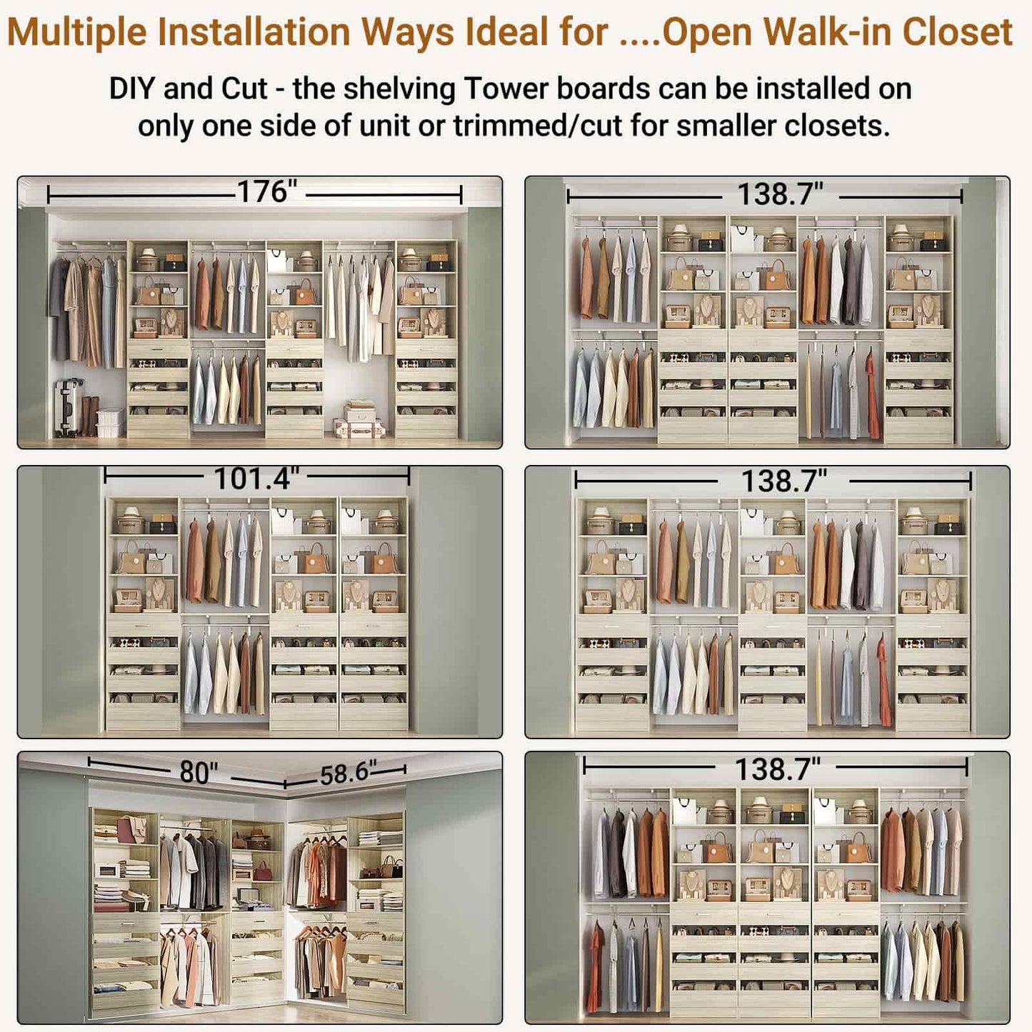 3-Piece L-Shaped Walk-in Closet Organizer System, 138.5" Wood Closet Tower with 12 Drawers & 4 Expandable Hanging Rods, Customizable Wardrobe Storage Set for Bedroom, Apartment