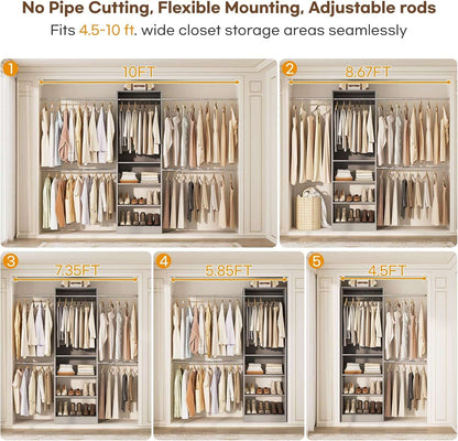 20.5-120'' W Closet Organizer System with 5 Hanging Rods, Shelving Tower
