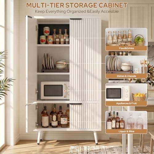 51.2" Freestanding Storage Cabinet with 4 Fluted Doors, Adjustable Shelves & Raised Legs - Wobble-Free Organizer for Bathroom, Kitchen, Living Room