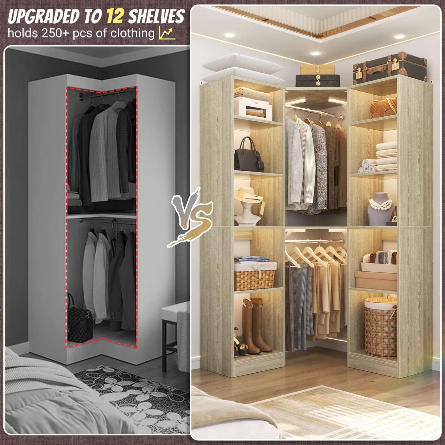 Corner Closet System with 12 Shelves, 40" Large Corner Closet Organizer System with 2 Hanging Rods