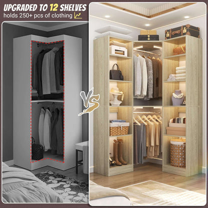 Corner Closet System with 12 Shelves, 40" Large Corner Closet Organizer System with 2 Hanging Rods