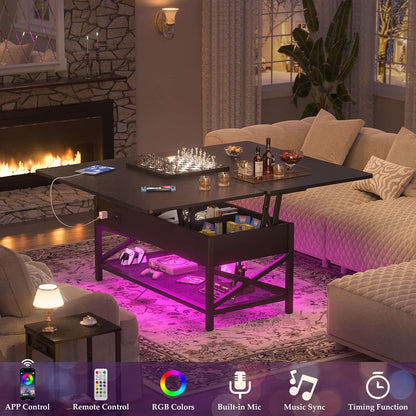 Coffee Table Lift Top with LED Light and Power Outlet, Multi-Function Coffee Table Converts to Dining Table