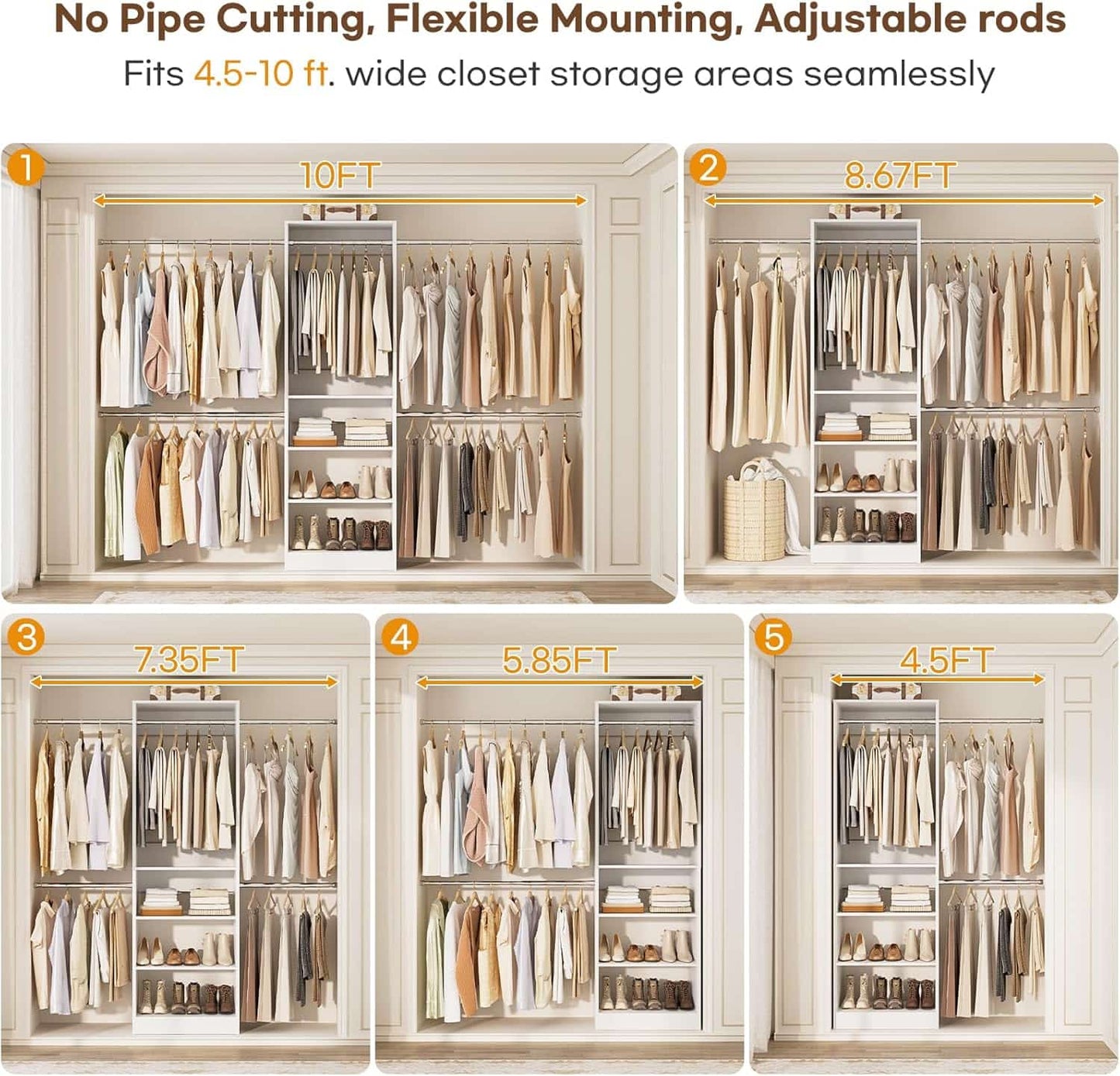 20.5-120'' W Closet Organizer System with 5 Hanging Rods, Shelving Tower