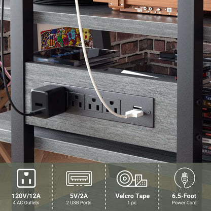 4-Tier Media Stand with Vinyl Storage, Power Outlets & LED Lights