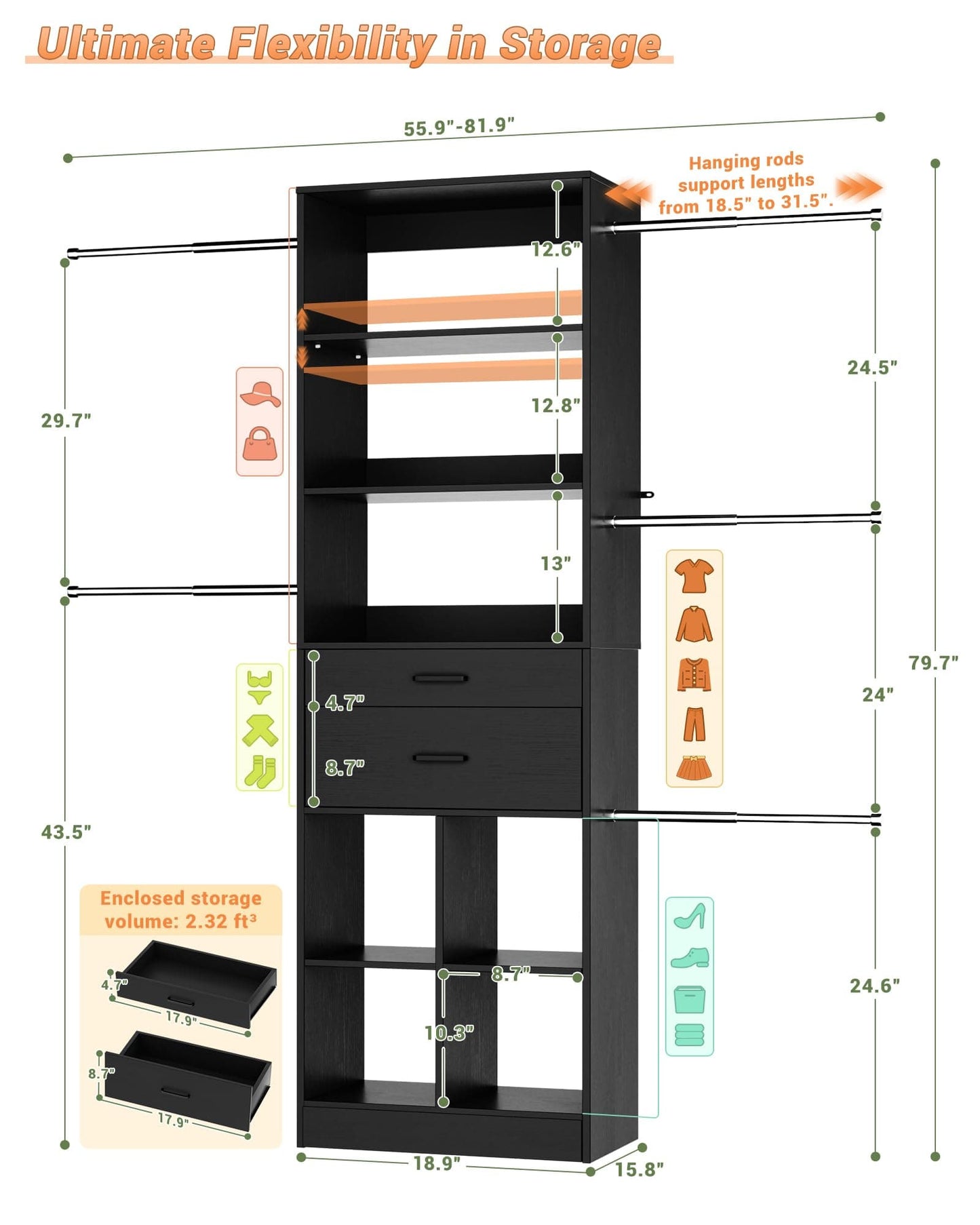 Adjustable Small Closet System, 3.2-6.8FT Expandable Closet Organizer with 2 Wooden Drawers & 5 Heavy-Duty Hanging Rods