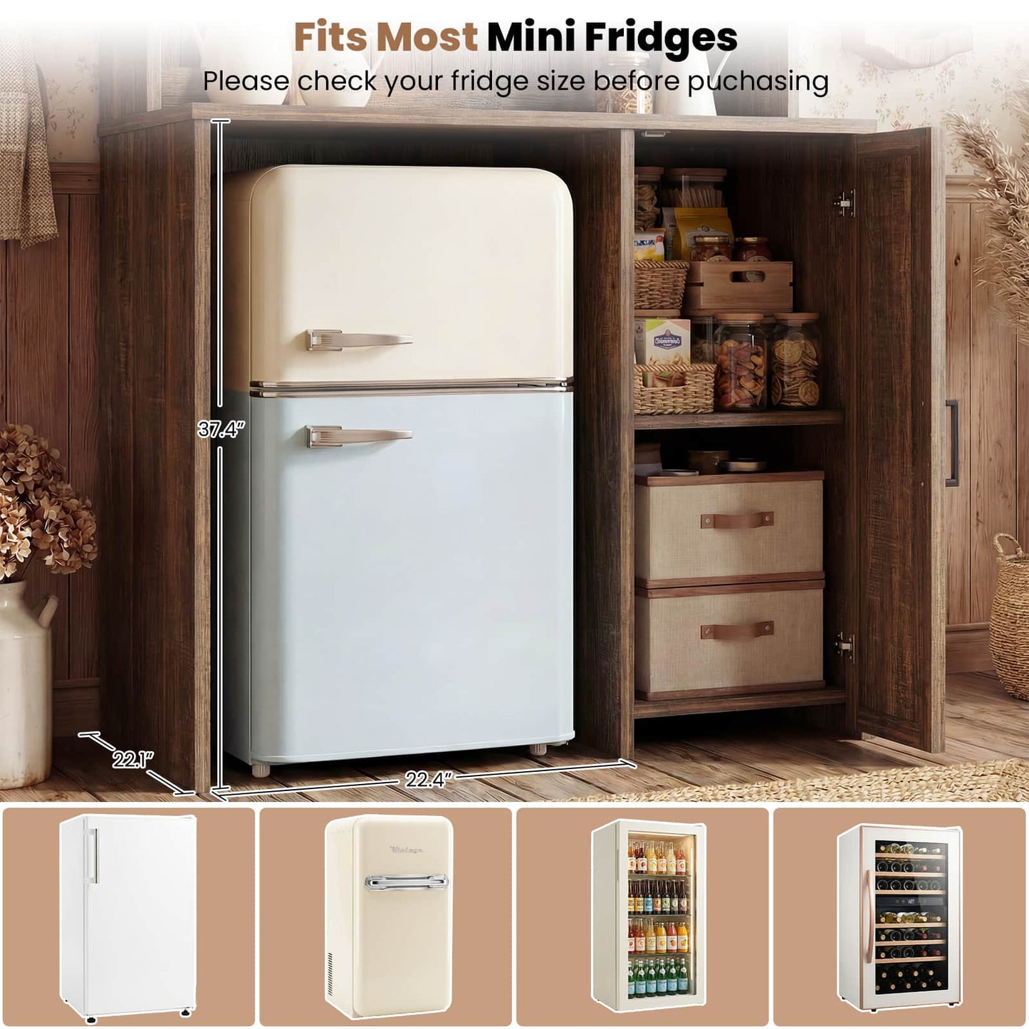 3-in-1 Mini Fridge Cabinet & Coffee Bar Station - with Power Outlet, LED Light, Microwave Shelf & Wine Storage