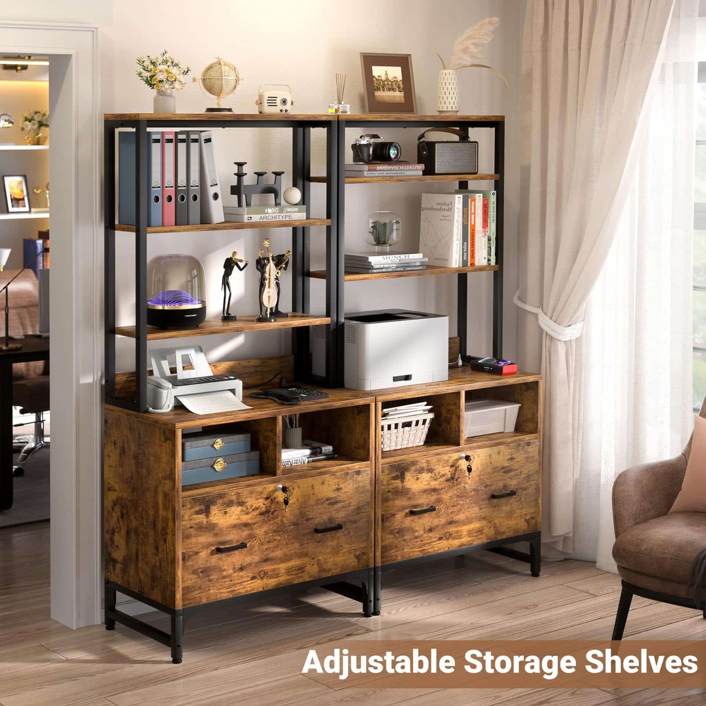 2-Pack Vertical File Cabinet with Shelves, Charging Station, Lock, Large Drawer & Printer Stand