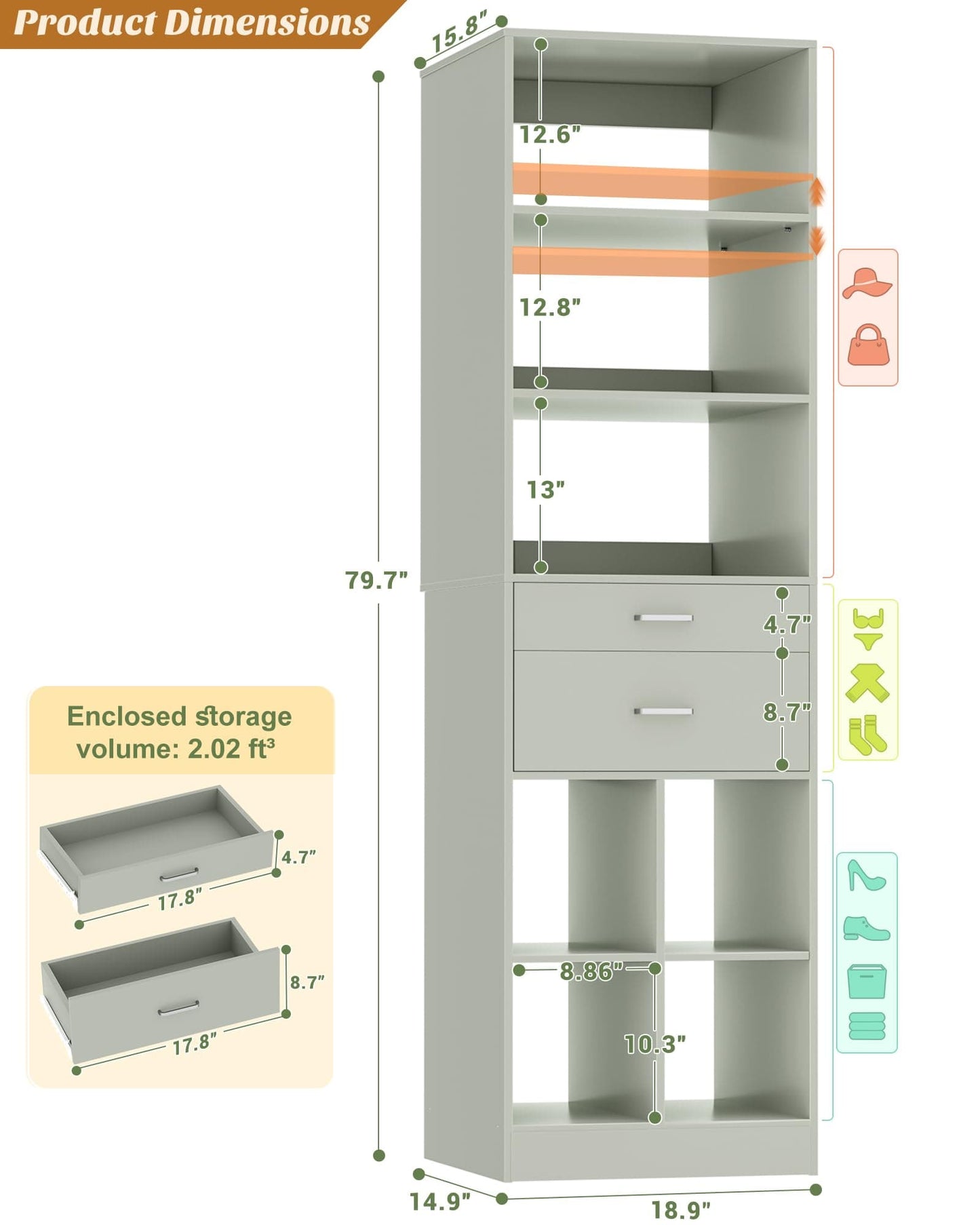 Tall Vertical Closet System, 18.9" Width Freestanding Wardrobe Storage Unit with Adjustable Shelves & Smooth-Glide Drawers
