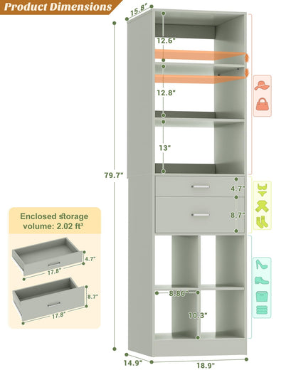 Tall Vertical Closet System, 18.9" Width Freestanding Wardrobe Storage Unit with Adjustable Shelves & Smooth-Glide Drawers