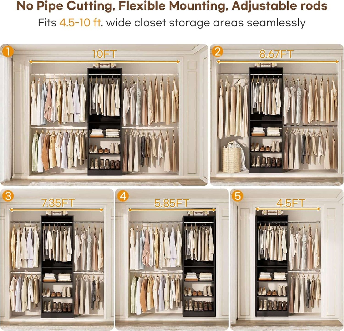 20.5-120'' W Closet Organizer System with 5 Hanging Rods, Shelving Tower