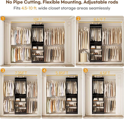 20.5-120'' W Closet Organizer System with 5 Hanging Rods, Shelving Tower