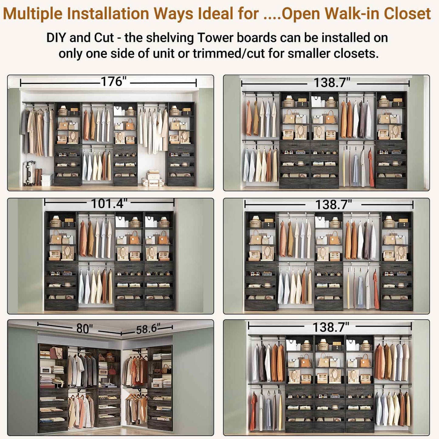 3-Piece L-Shaped Walk-in Closet Organizer System, 138.5" Wood Closet Tower with 12 Drawers & 4 Expandable Hanging Rods, Customizable Wardrobe Storage Set for Bedroom, Apartment