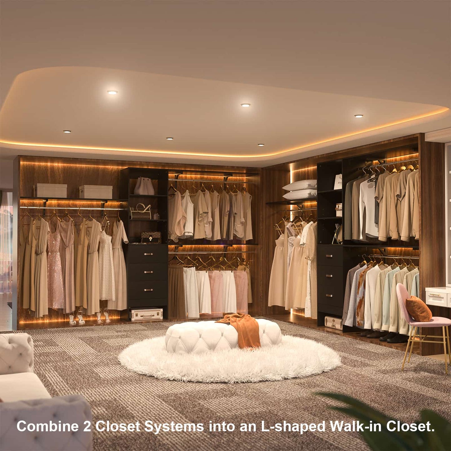 120'' W Closet System with Drawers, Closet Organizer with 3 Shelving Towers