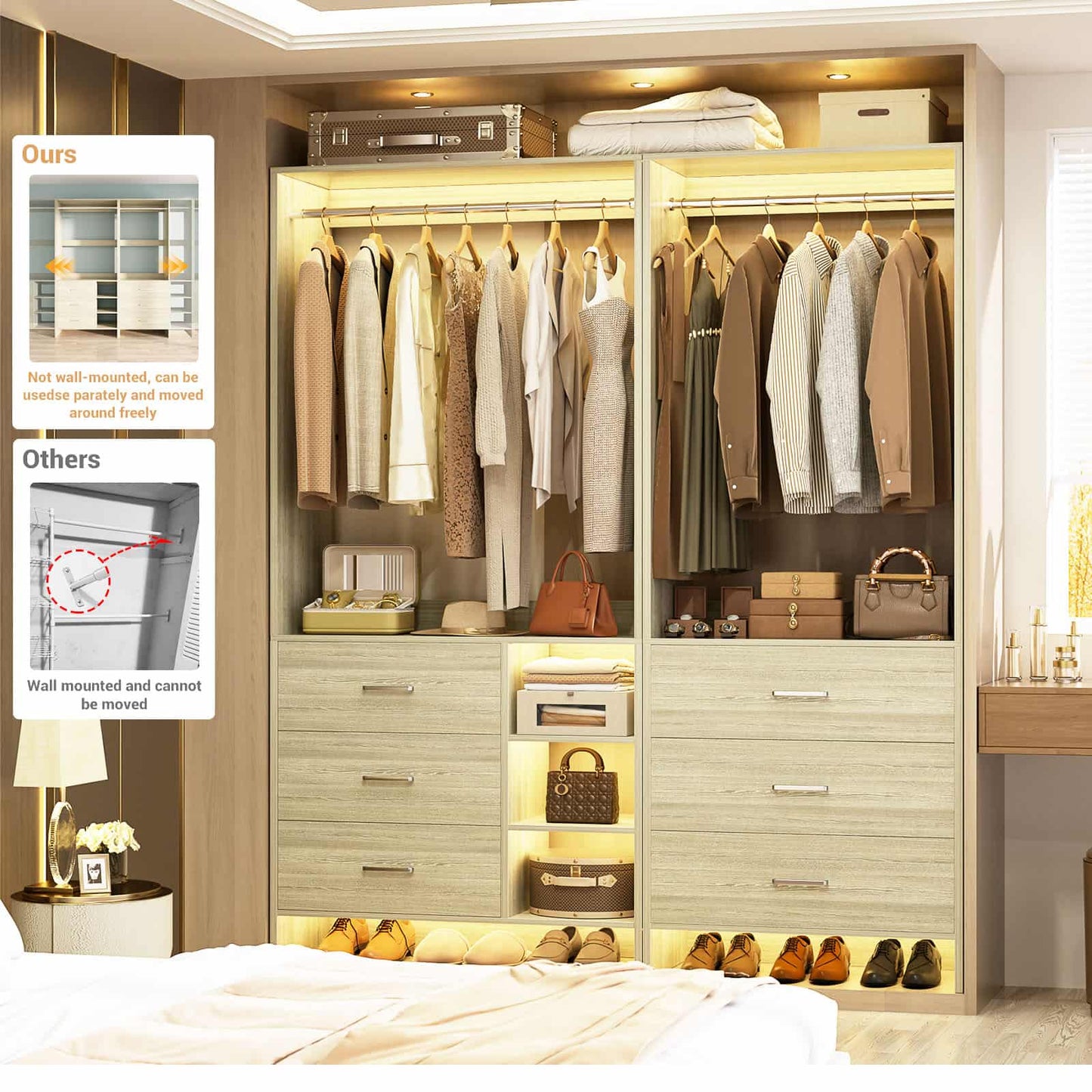 Closet System with 6 Drawers, 4.5ft Wood Closet Organizer System