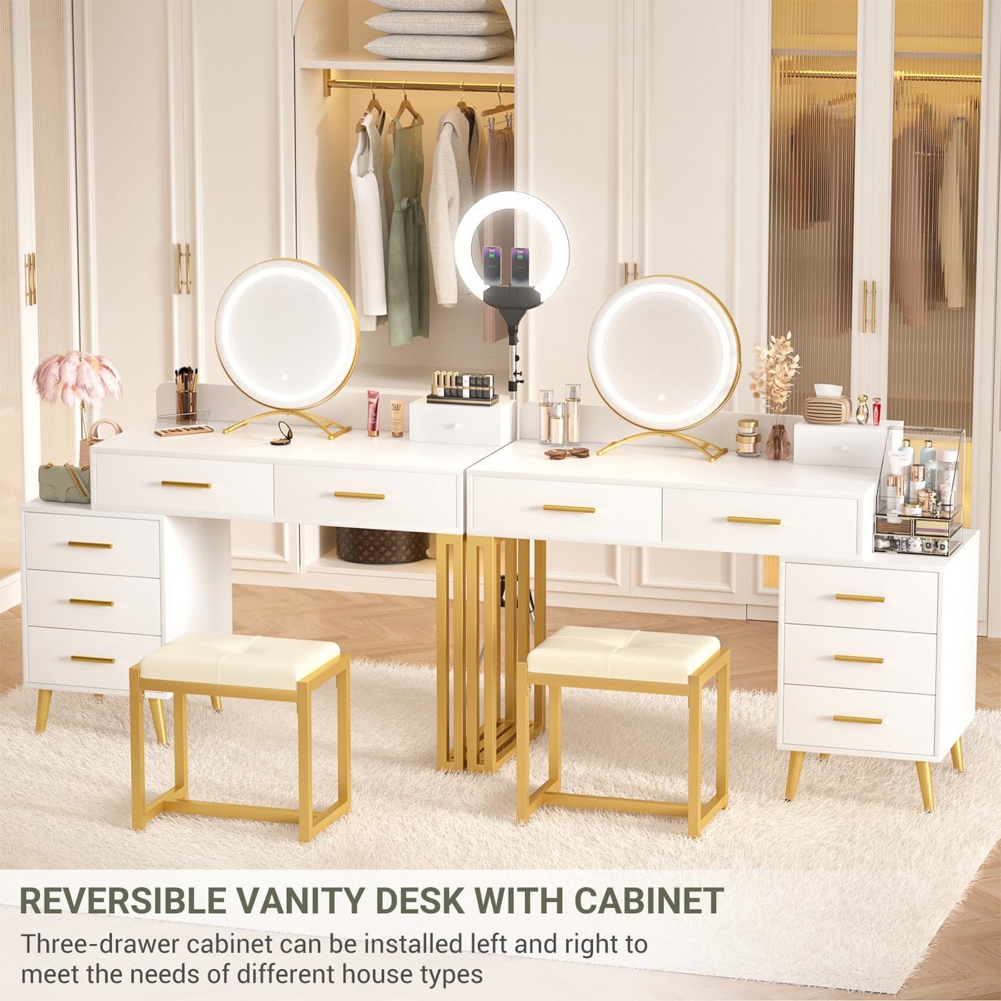 Vanity Desk with Mirror and Lights, Modern Makeup Vanity Table Set with 6 Storage Drawers and Cushioned Stool