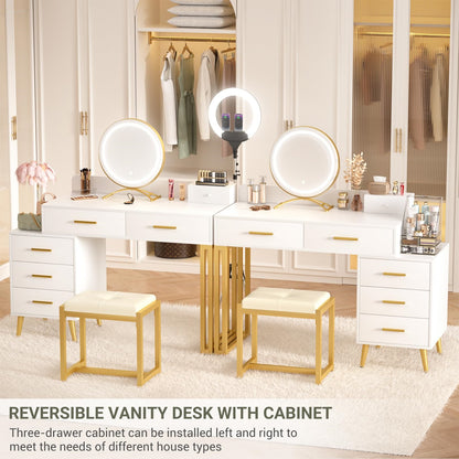 Vanity Desk with Mirror and Lights, Modern Makeup Vanity Table Set with 6 Storage Drawers and Cushioned Stool