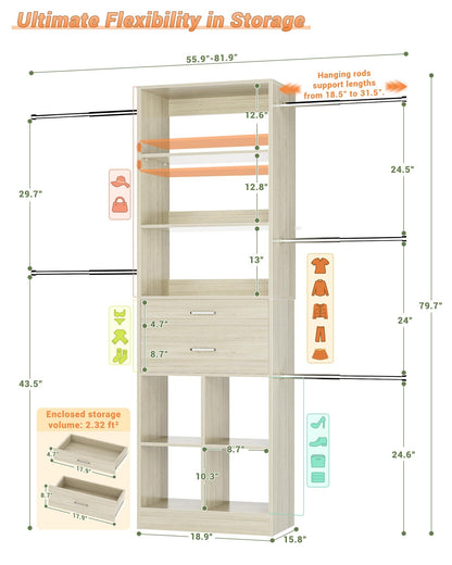 Adjustable Small Closet System, 3.2-6.8FT Expandable Closet Organizer with 2 Wooden Drawers & 5 Heavy-Duty Hanging Rods