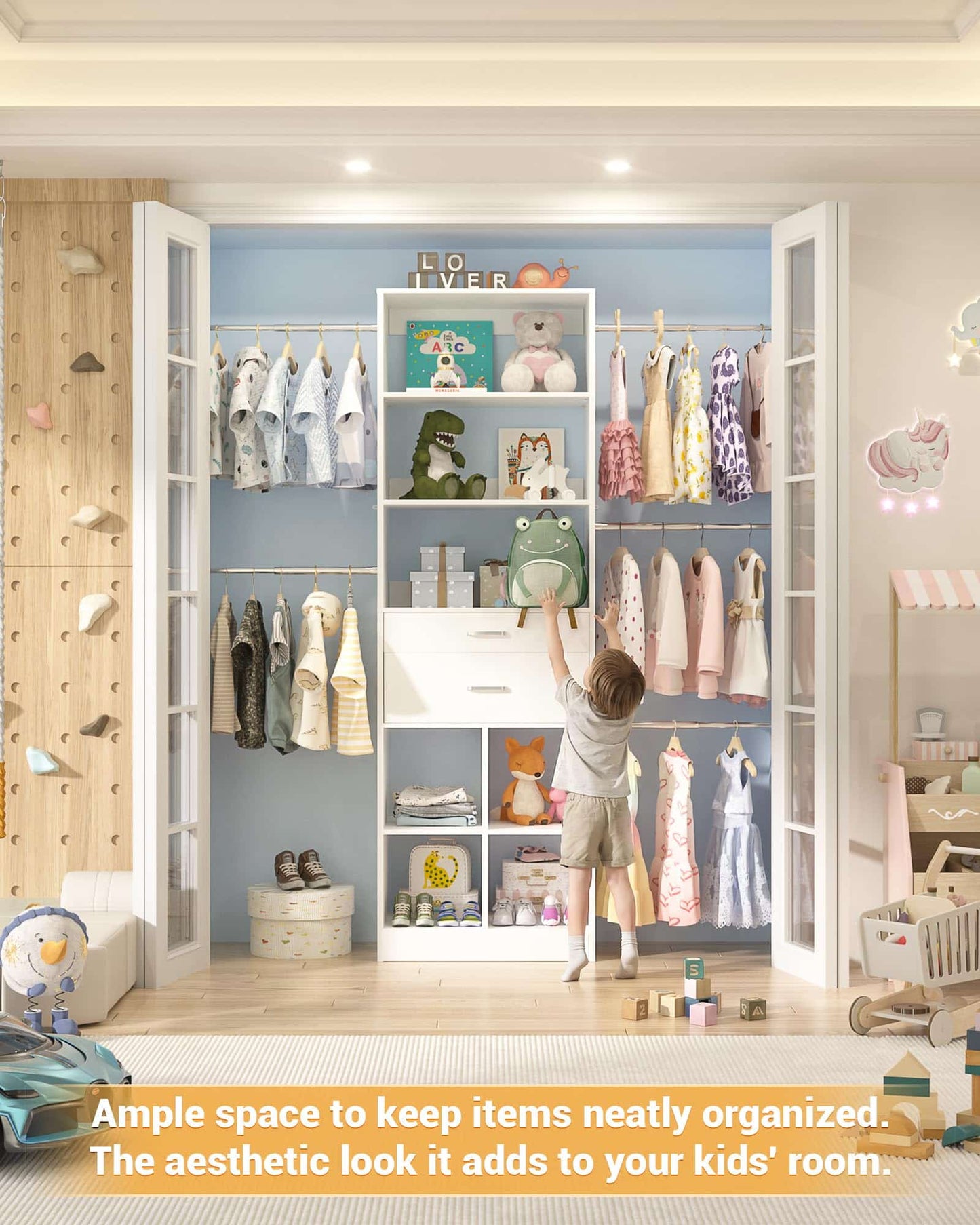Adjustable Small Closet System, 3.2-6.8FT Expandable Closet Organizer with 2 Wooden Drawers & 5 Heavy-Duty Hanging Rods