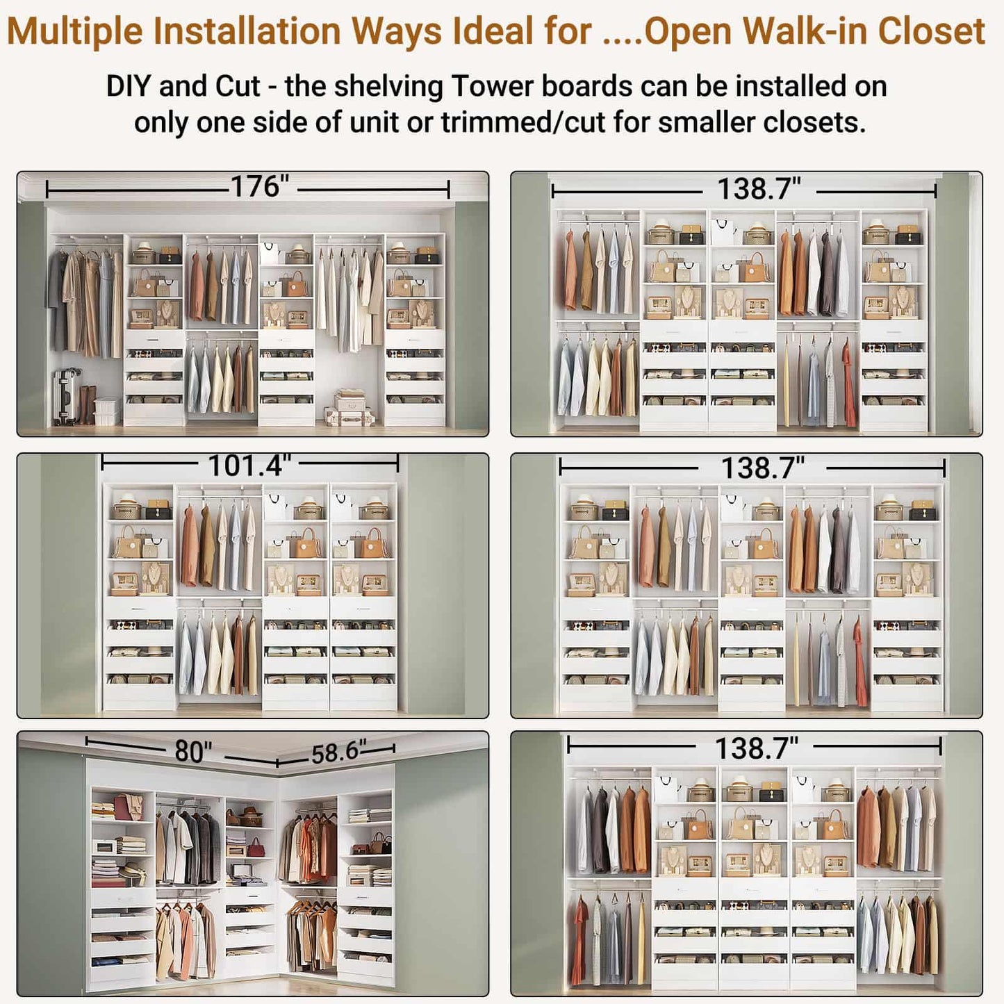 3-Piece L-Shaped Walk-in Closet Organizer System, 138.5" Wood Closet Tower with 12 Drawers & 4 Expandable Hanging Rods, Customizable Wardrobe Storage Set for Bedroom, Apartment