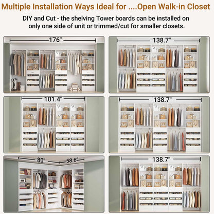 3-Piece L-Shaped Walk-in Closet Organizer System, 138.5" Wood Closet Tower with 12 Drawers & 4 Expandable Hanging Rods, Customizable Wardrobe Storage Set for Bedroom, Apartment