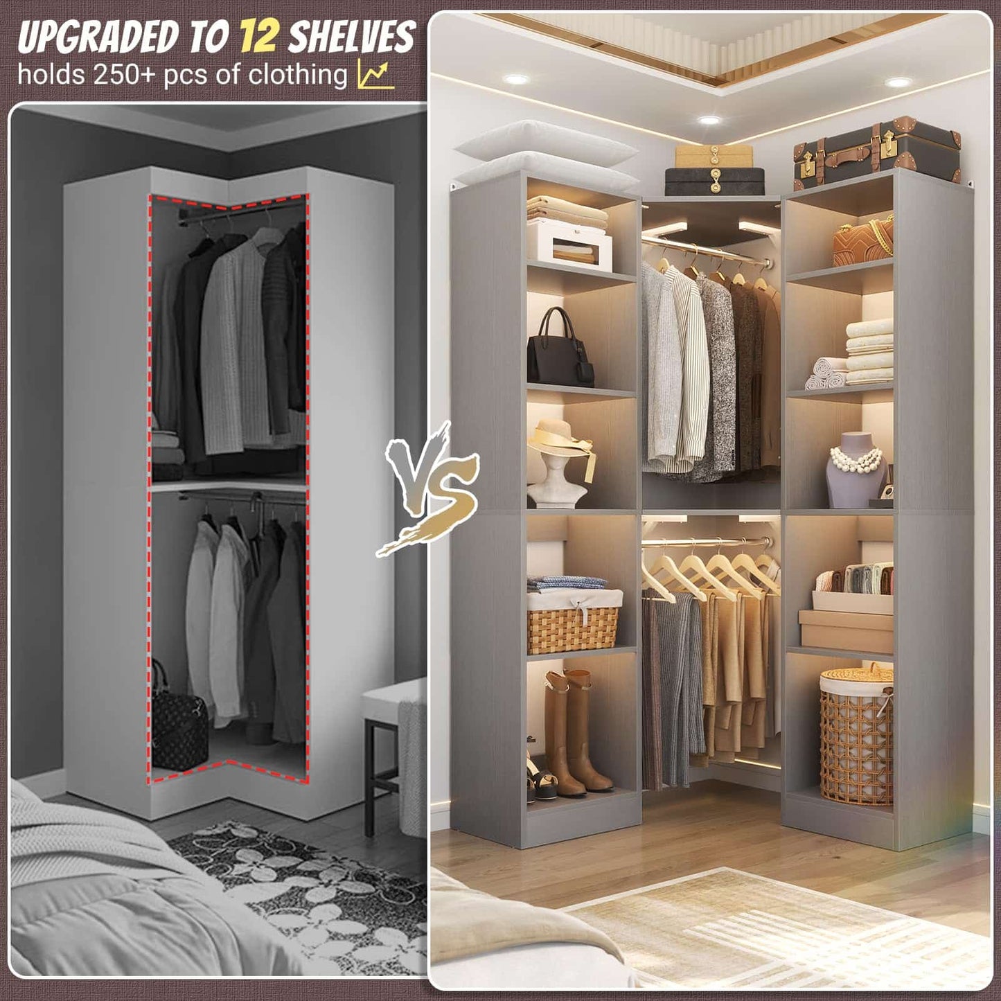 Corner Closet System with 12 Shelves, 40" Large Corner Closet Organizer System with 2 Hanging Rods