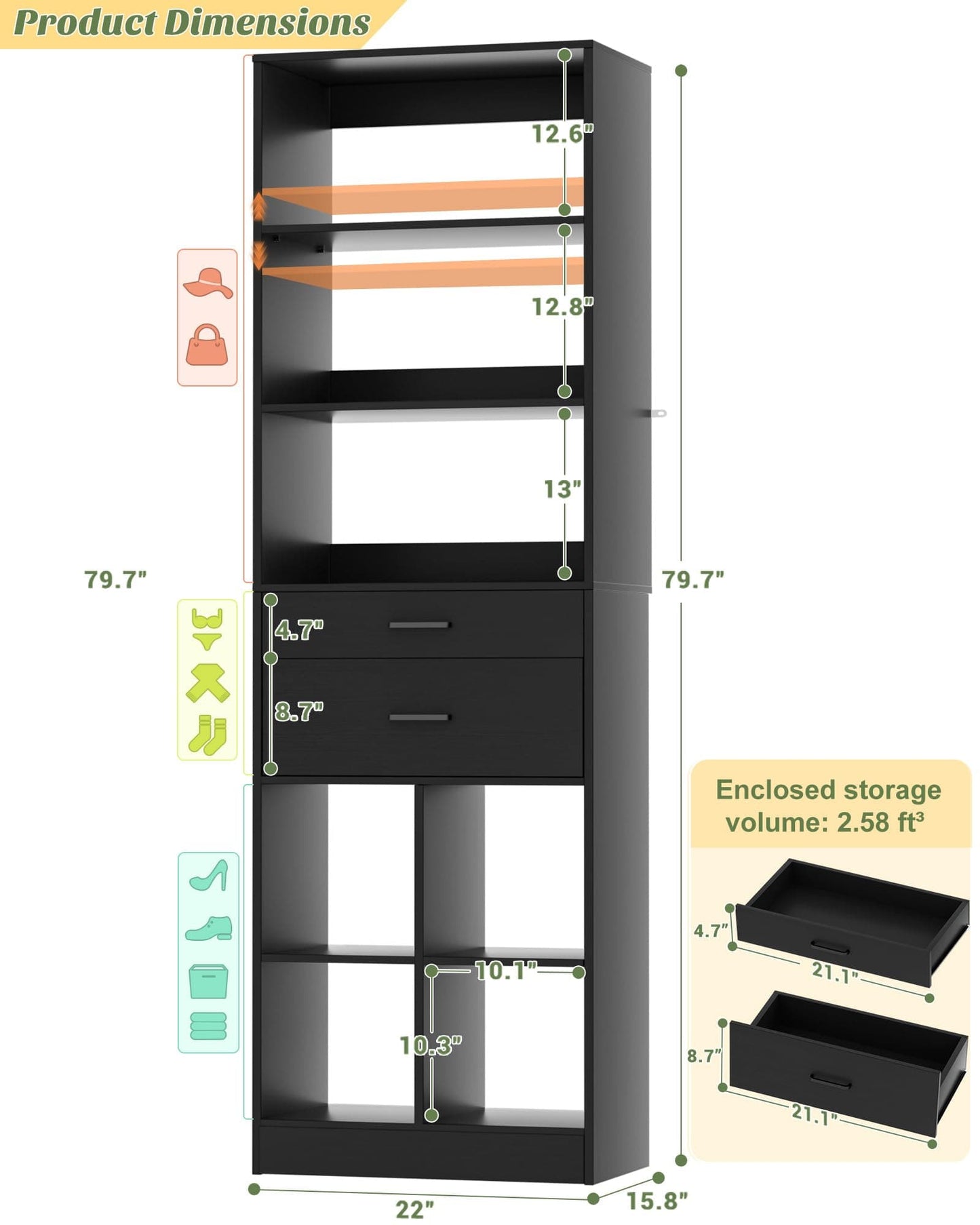 22" Floor-Standing Closet System, Multi-Tiered Wardrobe Storage Unit with Adjustable Shelves & Smooth-Glide Drawers