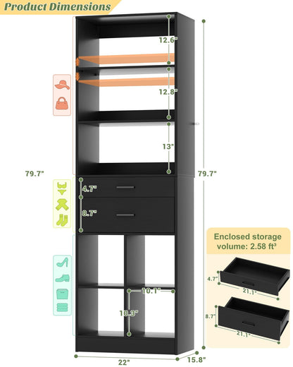 22" Floor-Standing Closet System, Multi-Tiered Wardrobe Storage Unit with Adjustable Shelves & Smooth-Glide Drawers