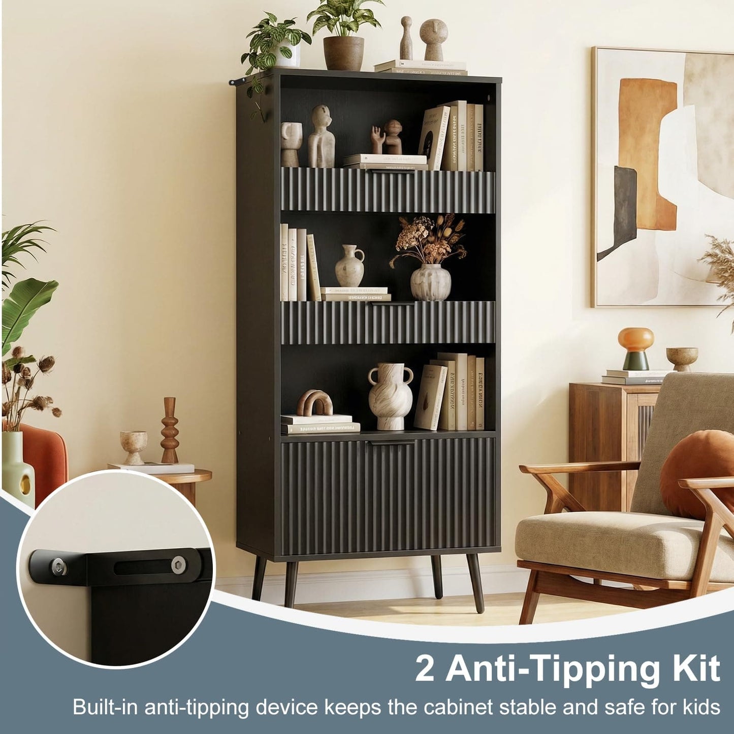 Modern Fluted Storage Cabinet, 51.2" Tall Freestanding Organizer with 3 Drawers & Open Shelf, Versatile Pantry Cabinet for Bathroom, Kitchen, Entryway - Narrow Design for Small Spaces