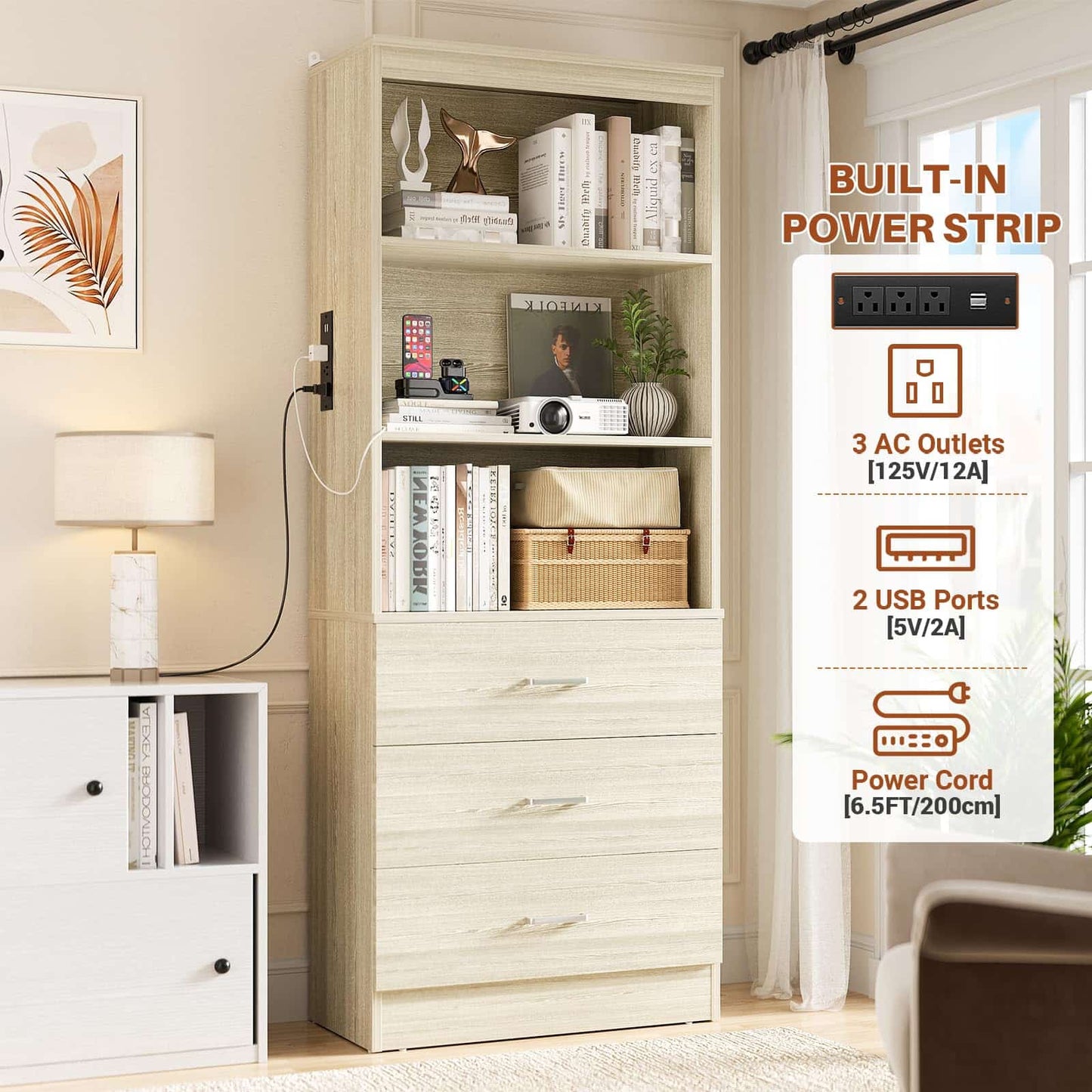 71" Tall Bookcases with 3 Large Drawers & 3 Shelves, Wooden Bookshelf for Living Room Offic