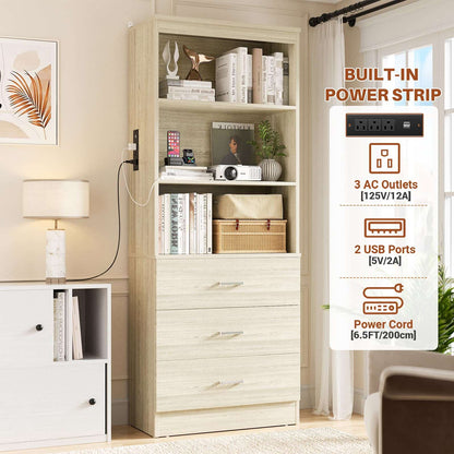 71" Tall Bookcases with 3 Large Drawers & 3 Shelves, Wooden Bookshelf for Living Room Offic