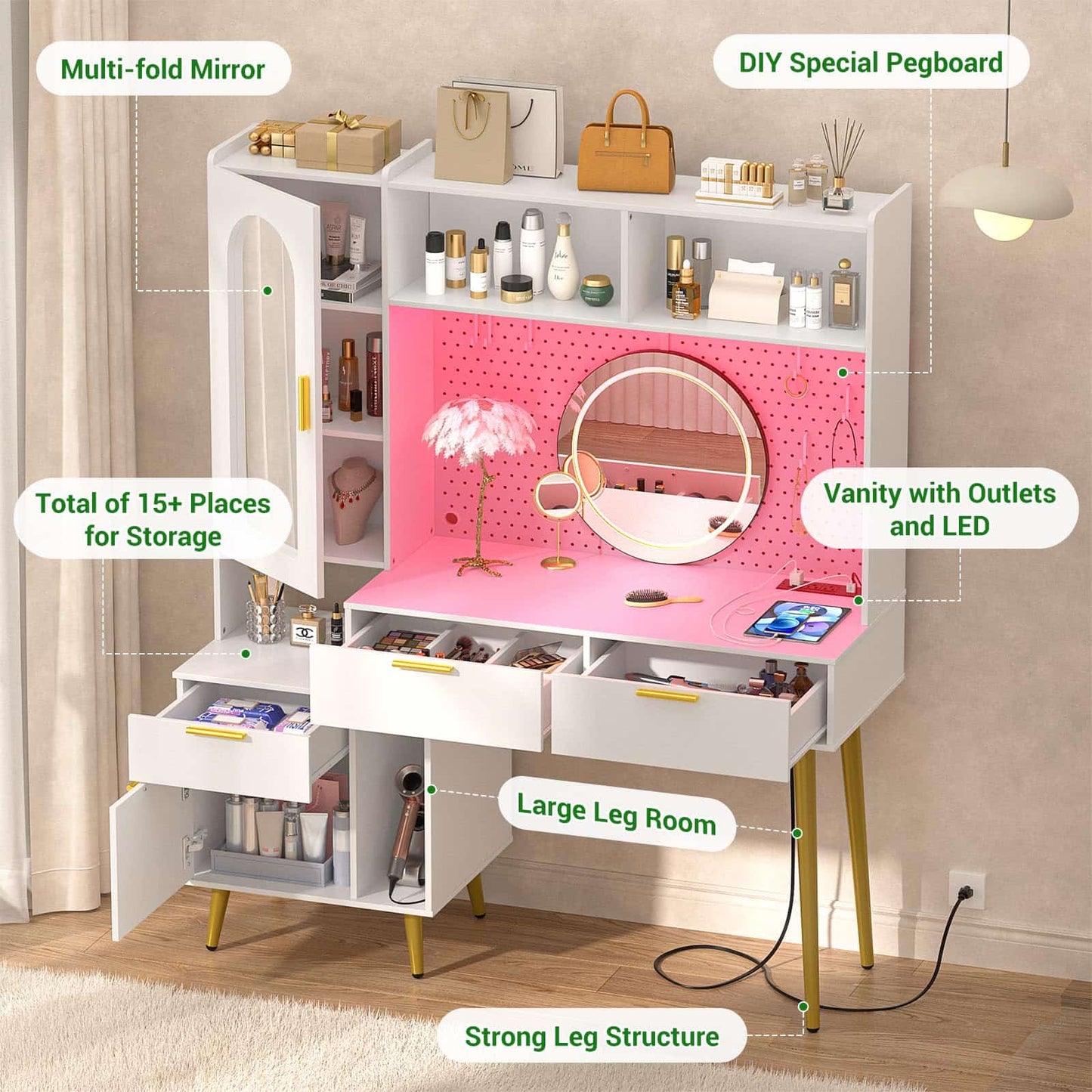 48" Makeup Vanity with Hutch, LED Lighted Mirror & Charging Station, 5 Large Drawers, Shelves, Pegboard & Cabinet